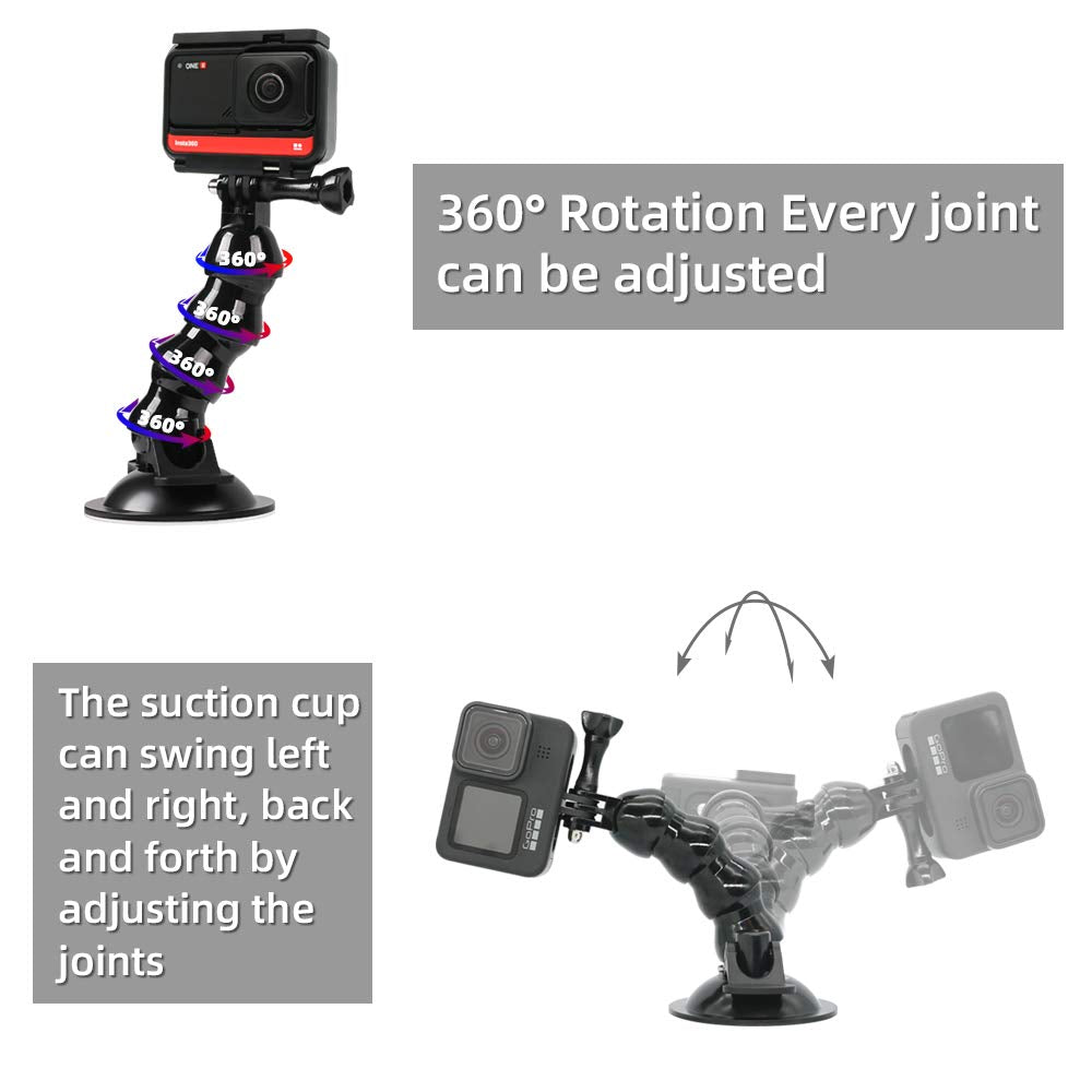 Surewo Flexible Gooseneck Suction Cup Car Mount Holder For Gopro 13, Flexible Extension Car Windshield Mount With Phone Mount Fo